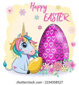 Caricatura del unicornio de Pascua con huevo de Pascua, postal