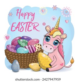 Easter unicorn cartoon character with easter egg, postcard