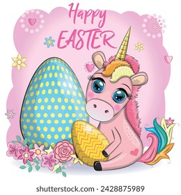 Easter unicorn cartoon character with easter egg, postcard