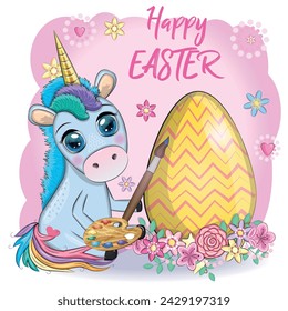Easter unicorn cartoon character with easter egg, postcard