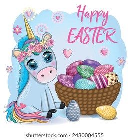 Easter unicorn cartoon character with easter egg, postcard