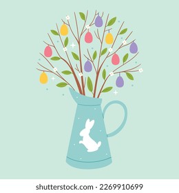 Easter vase with branches with eggs. Spring pastel picture. Family traditions.