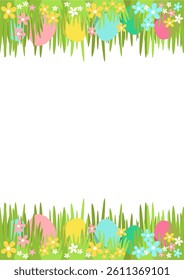 
Easter vector A4 template with colorful eggs, spring flowers and grass on top and bottom borders. Perfect for greeting cards, flyers, posters. Easter A4 vector template with eggs and flower borders
