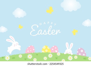 easter vector background with bunny, eggs and flowers for banners, cards, flyers, social media wallpapers, etc.