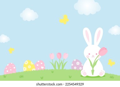 easter vector background with bunny, eggs and flowers for banners, cards, flyers, social media wallpapers, etc.
