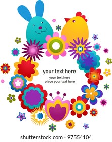 Easter vector background with bunny, flowers, eggs and bird