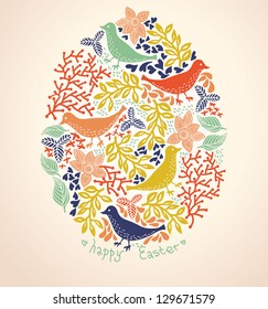 Easter vector background with colorful birds and flowers