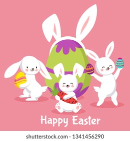 Easter vector background with cute cartoon bunnies and eggs