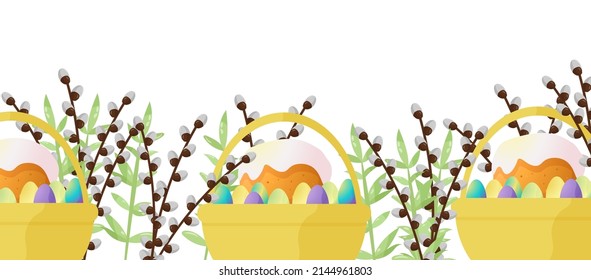 Easter vector background for the design and decoration of a happy Easter holiday. Basket with egg, candles, willow bouquet, foliage, cakes. Easter celebration. Simple cute elements in delicate shades.