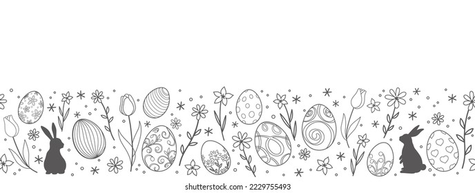 Easter Vector Background Illustration With Easter Bunnies, Eggs, Flowers, And A Text Space On A White Background. Horizontally Repeatable.