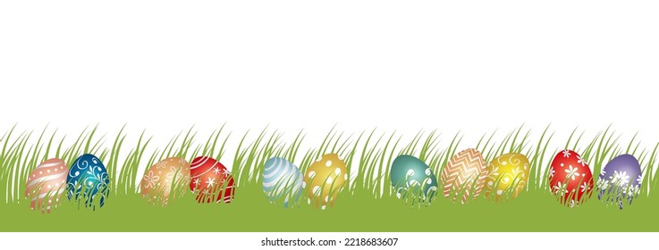 Easter Vector Background Illustration With Grassy Field, Colorful Eggs, And Text Space Isolated On A White Background.