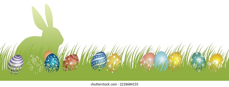 Easter Vector Background Illustration With Grassy Field, A Rabbit Silhouette, And Colorful Eggs Isolated On A White Background.
