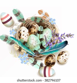 Easter vector background with realistic bird nest eggs and blue feathers for design