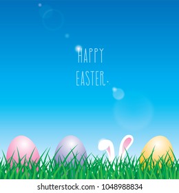 Easter vector background with spring grass, Easter eggs and bunny ears. Bright sunny design.