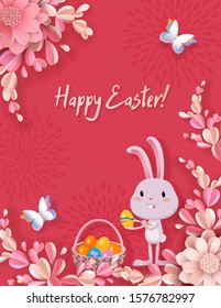 Easter vector banner, 3d flowers, cute bunny colors Easter eggs, basket with colored eggs, butterflies. Festive and advertising background, greeting card with place for text in the style of paper cut