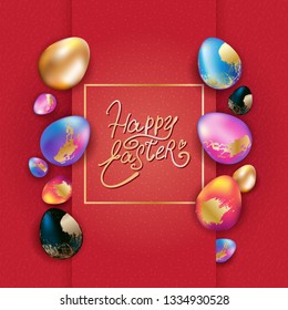 Easter vector banner design with colorful eggs for shopping discount promotion. Easter background template with boarder frame for easter celebration space for text. Vector illustration.