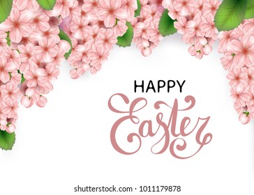 Easter vector banner design with sakura flowers and leaves. Spring cherry blossoms background. Realistic japan cherry branch with blooming flowers. Happy Easter lettering. 