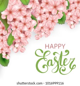 Easter vector banner design with sakura flowers and leaves. Spring cherry blossoms background. Realistic japan cherry branch with blooming flowers. Happy Easter lettering. 
