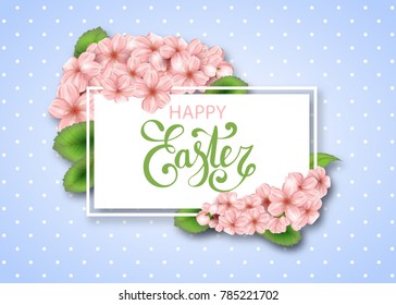 Easter vector banner design with sakura flowers and leaves. Spring cherry blossoms background. Realistic japan cherry branch with blooming flowers. Happy Easter lettering on white frame
