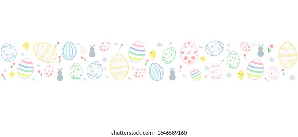 Easter vector banner with flowers, eggs and bunnies on white background