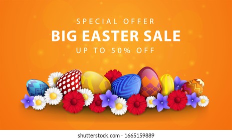 Easter vector banner with flowers and easter eggs in 3D style with special offer up to 50% off