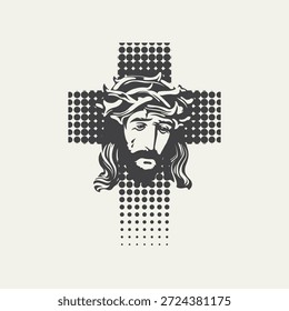 Uma faixa de vetor de Páscoa ou cartão de saudação com um Jesus Cristo chorando usando uma coroa de espinhos em uma cruz ou crucifixo, composto de pontos, círculos ou pixels. Uma ilustração religiosa representando o Filho de Deus. Sem ai