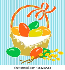 Easter vector basket with multicolored eggs and pussy-willow branch