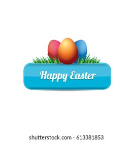 Easter vector blue glossy button with color cartoon easter egg and spring grass. web blue easter banner or sign