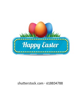 Easter vector blue glossy button with color cartoon easter egg and spring grass. web blue easter banner or sign