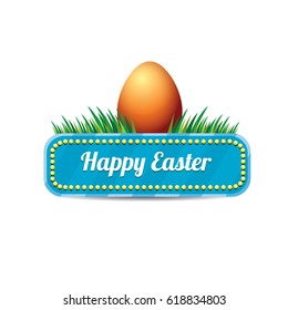Easter vector blue glossy button with color cartoon easter egg and spring grass. web blue easter banner or sign