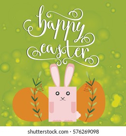 Easter vector bright illustration of happy Easter greeting card with Easter Bunny and painted eggs, easter background
