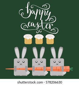 Easter  vector bright illustration of happy Easter greeting card with Easter rabbit, Easter carrot cakes background