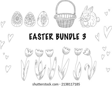 Easter vector bundle of hand-drawn graphic elements in line art style with tulips, basket and eggs, cute rabbit and hearts.