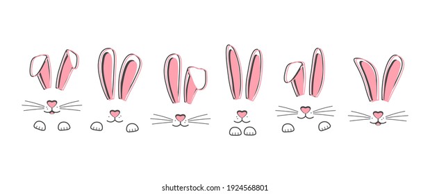 Easter vector bunnies hand drawn, face of rabbits. Cute ears and muzzle with whiskers, paws. Animal illustration