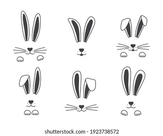 Easter Vector Bunny Hand Drawn, Face Of Rabbits. Black And White Ears And Muzzle With Whiskers, Paws. Animal Illustration