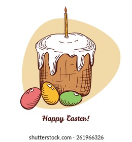 Easter vector cake with candle ans colorful eggs. Holiday greeting card design. Hand drawn invitation.