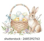 Easter vector card or banner with traditional rabbit sitting near the basket with colored eggs and chickens. Christian holiday symbols. Cartoon brooding bunny illustration.