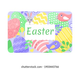 Ostervektorkarte, Osterhasen, Eier in hellen Farben und süße Vögel. Vektorgrafik