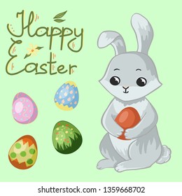 Easter vector card with Bunny rabbit, Easter eggs and handwritten lettering Happy Easter