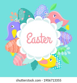 Easter vector card, eggs in bright colors and cute birds. Vector illustration