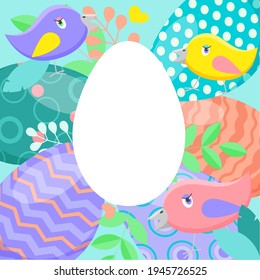 Easter vector card, eggs in bright colors and cute birds.