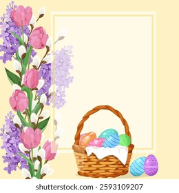 Easter vector card with flowers and basket with eggs.
