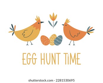 Easter vector card. Hand-drawn design of Spring greeting card. Square card with chickens, easter eggs and flowers. Egg Hunt Time hand writing sign