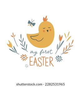 Easter vector card. Hand-drawn design of Spring greeting card. Square card with chick, flowers and butterfly. My first Easter hand writing sign