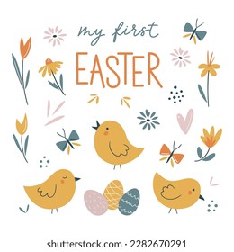 Easter vector card. Hand-drawn design of Spring greeting card. Square card with chicks, flowers and butterfly. My First Easter hand writing sign