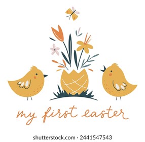 Easter vector card. Hand-drawn design of Spring greeting card. Square card with chicks, flowers in an egg form vase and butterfly. My first Easter hand writing sign