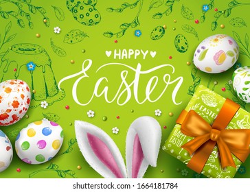 Easter vector card with realistic 3D eggs, gift box, bunny ears and flowers. Handwriting inscription Happy Easter. Green background. Willow branch and dandelions.  Vintage hand drawn elements.