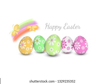 Easter vector card with realistic holiday chicken eggs. Template vector illustration isolated on white background. 