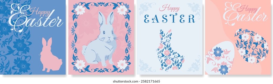 Easter vector card set. Happy easter greeting text with rabbit, eggs, flowers pattern for holiday seasonal card design. Website decoration, graphic elements, posters in pastel colors