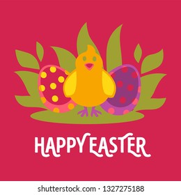 Easter vector cartoon greeting card with chicken and eggs.